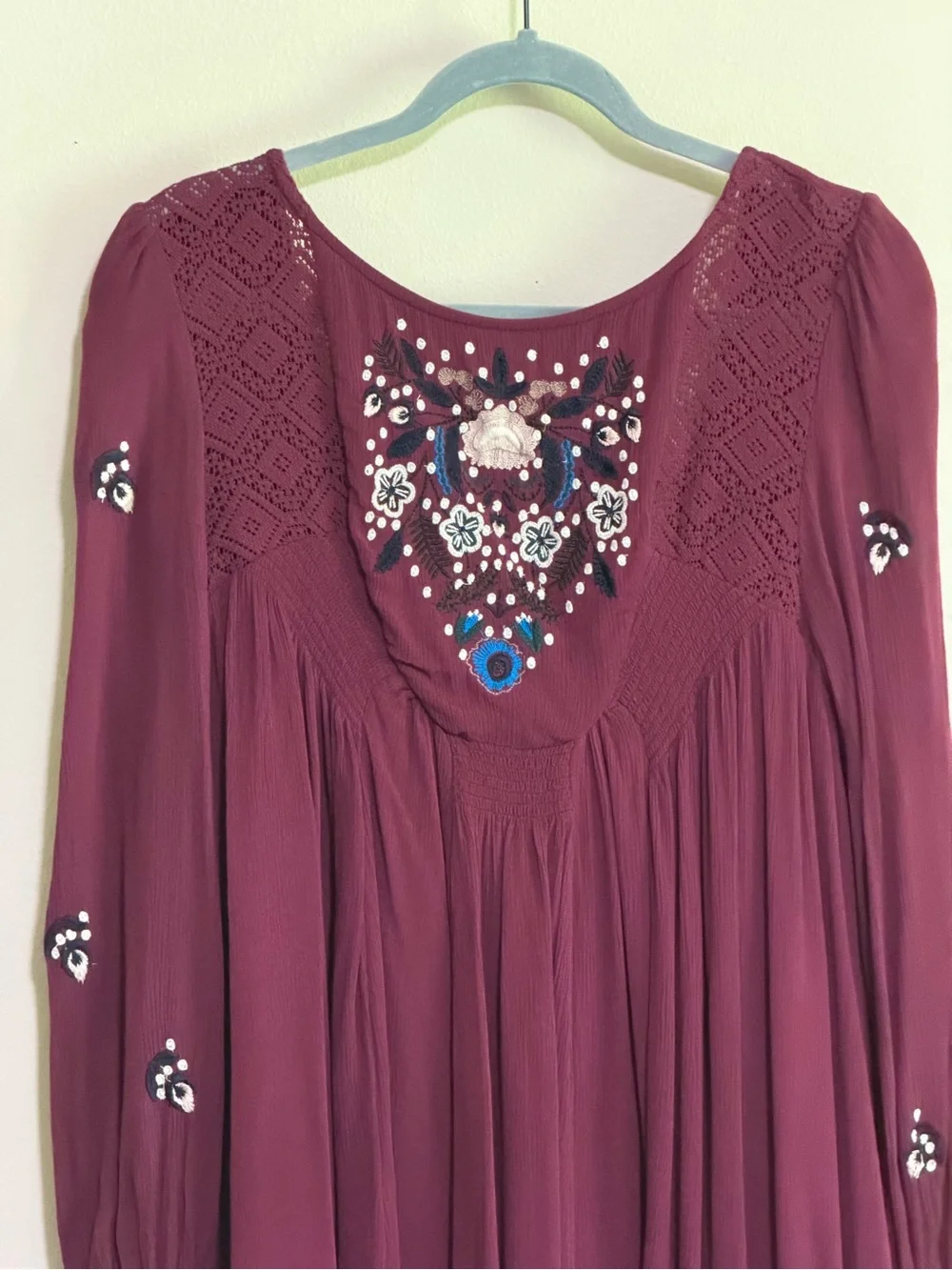 Free People Burgundy Embroidered Long-Sleeve Boho Dress